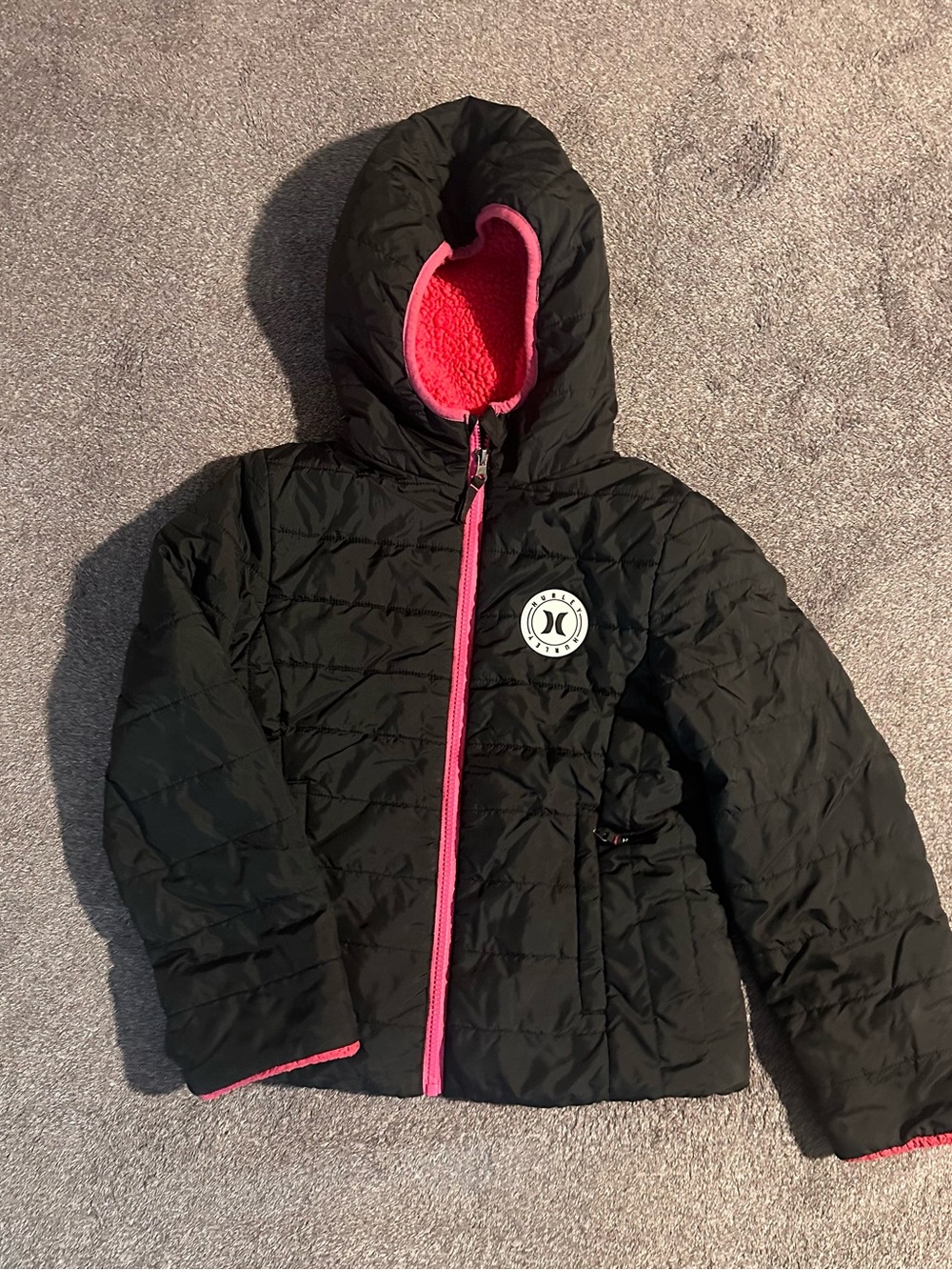 Hurley Black Puffer Jacket with Pink Trim and Hood
